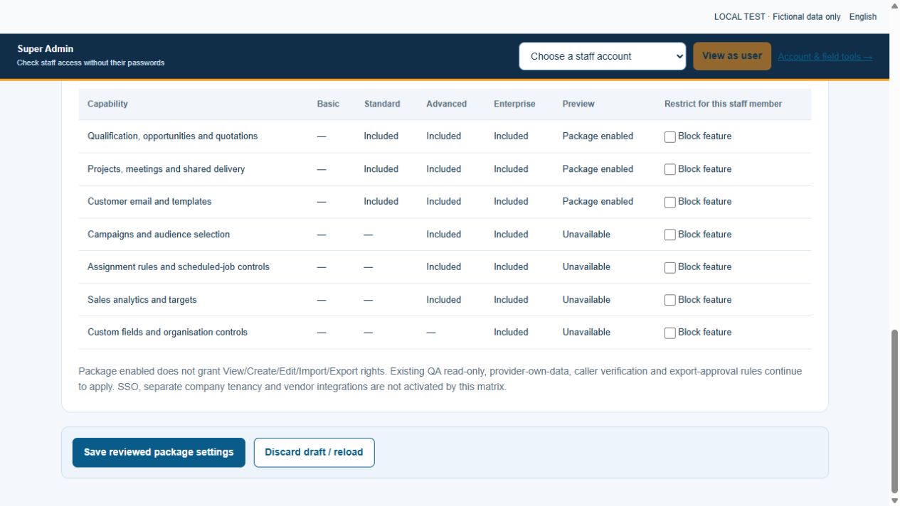 Fictional Standard package preview showing included and unavailable features