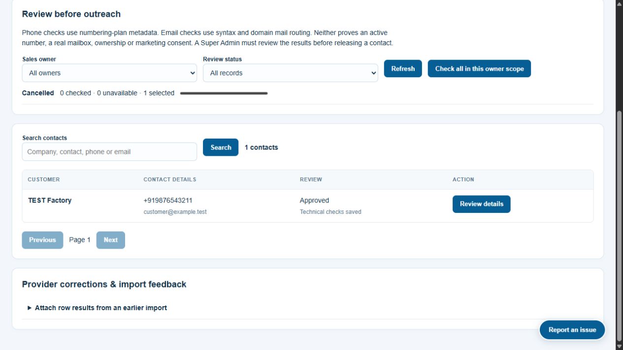 Fictional contact quality screen showing scope filters, a background job and review details